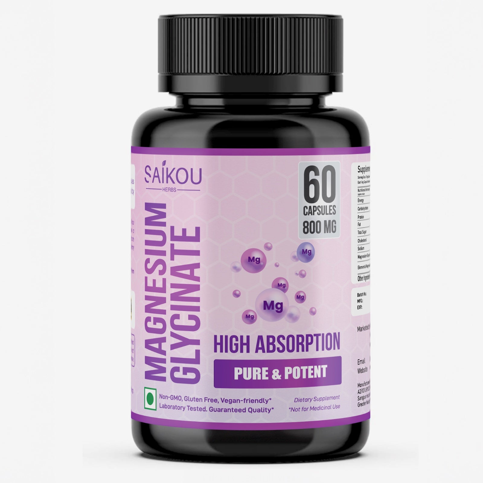 Magnesium Glycinate 1600mg per Serving High Absorption, Pure and Potent - 60 Capsules