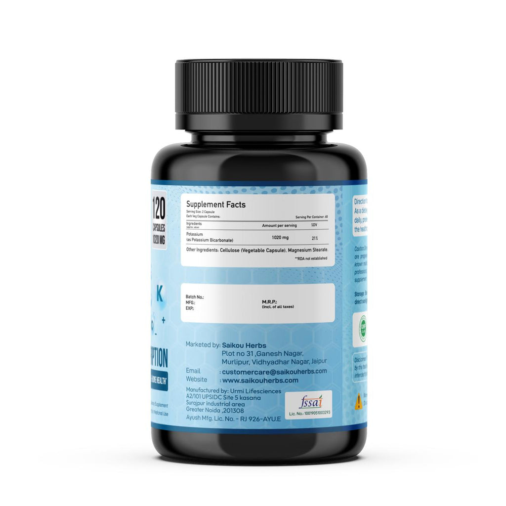 Potassium Supplement 1020mg High Absorption Potassium Bicarbonate- 120 Capsules Supports Electrolyte Balance, Kidney and Bone Health