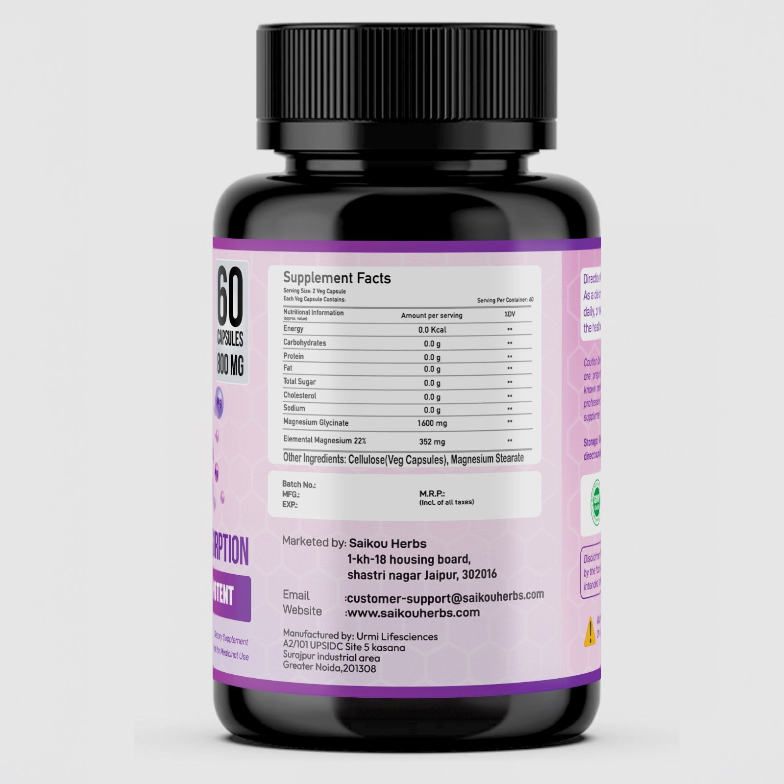 Magnesium Glycinate 1600mg per Serving High Absorption, Pure and Potent - 60 Capsules