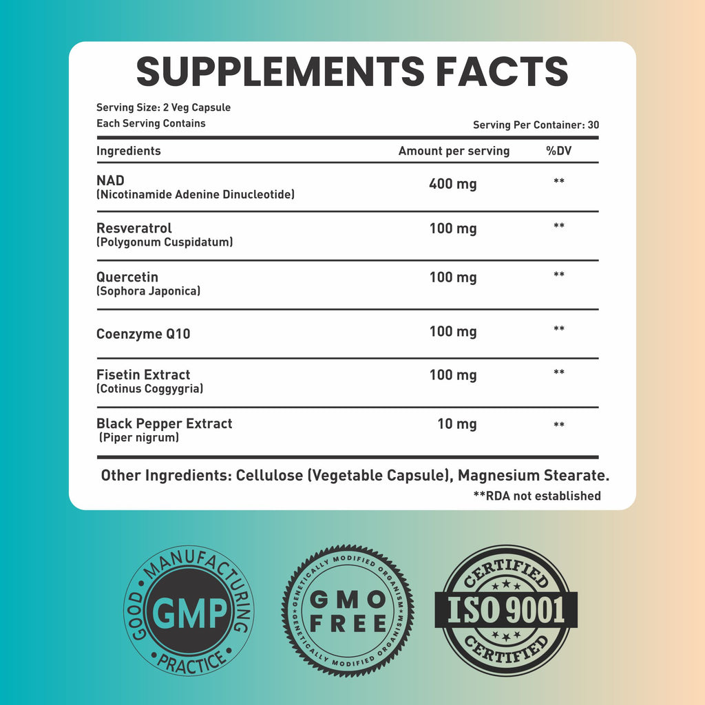 NAD+ Supplement 810mg with Nicotinamide Adenine Dinucleotide, Resveratrol, Quercetin, Coenzyme Q10, Fisetin and Black Pepper - Healthy Aging - High Absorption - 60 Capsules