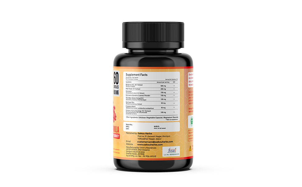 Berberine HCL Extract 1300mg with Milk Thistle, Ceylon Cinnamon, Gymnema Sylvestre & Turmeric - 60 Capsules
