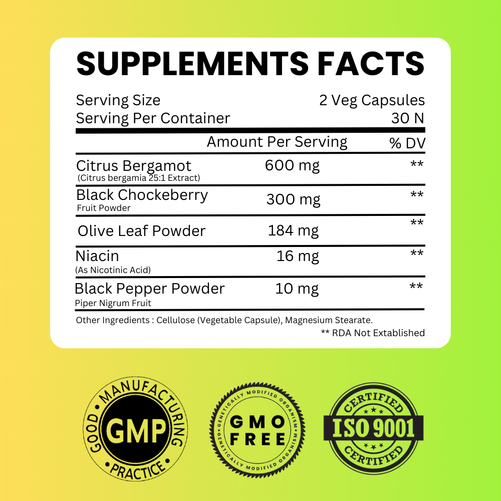 Citrus Bergamot 1110mg - 25:1 Extract - High Potency Cholesterol Support Supplement with Black Choke Berry, Niacin, Olive Leaf & Black Pepper Extract, Heart Health, Antioxidant, Vegan - 60 Capsules