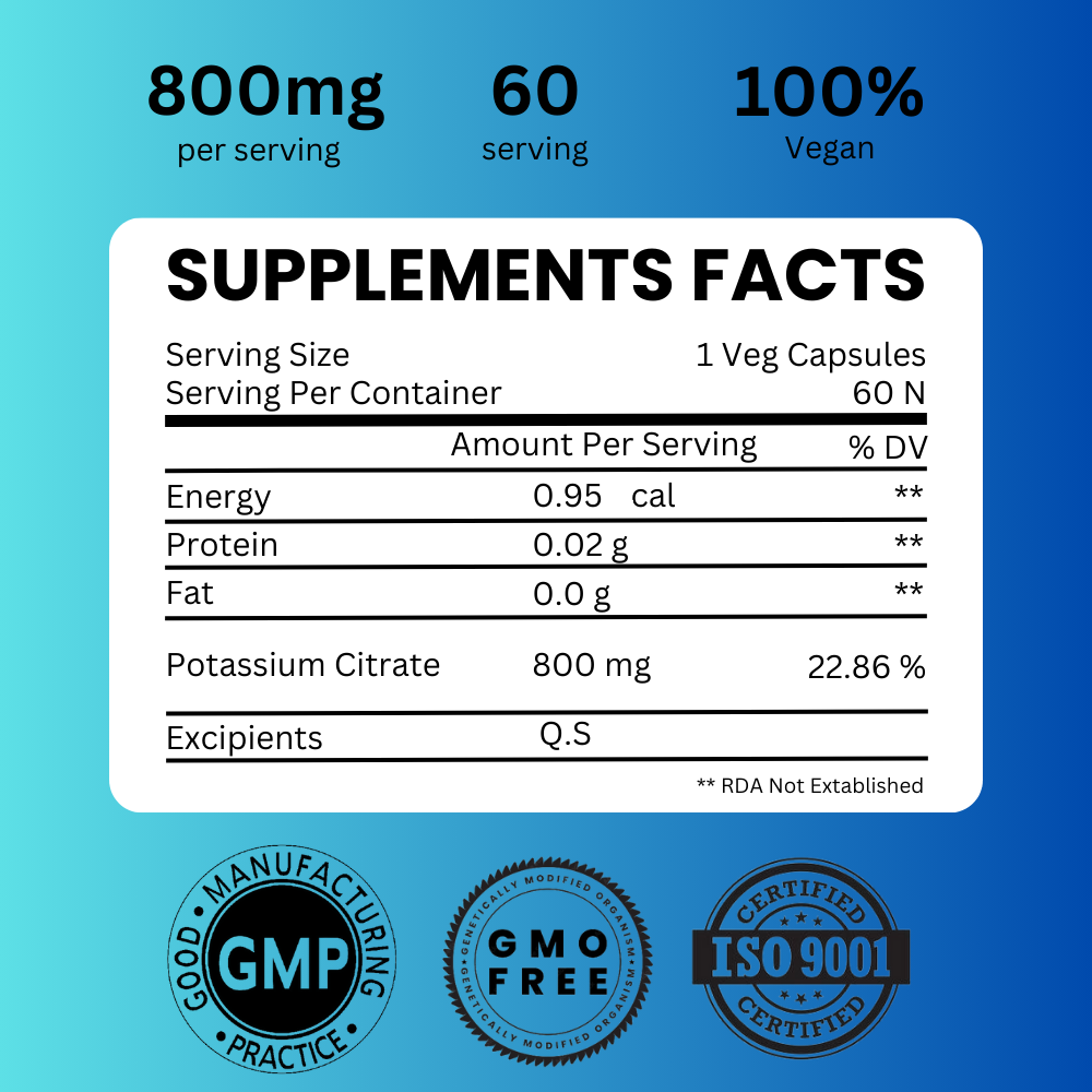 Potassium Citrate 800 mg High Absorption Potassium Supplement - 60 Servings Supports Electrolyte Balance, Kidney and Bone Health