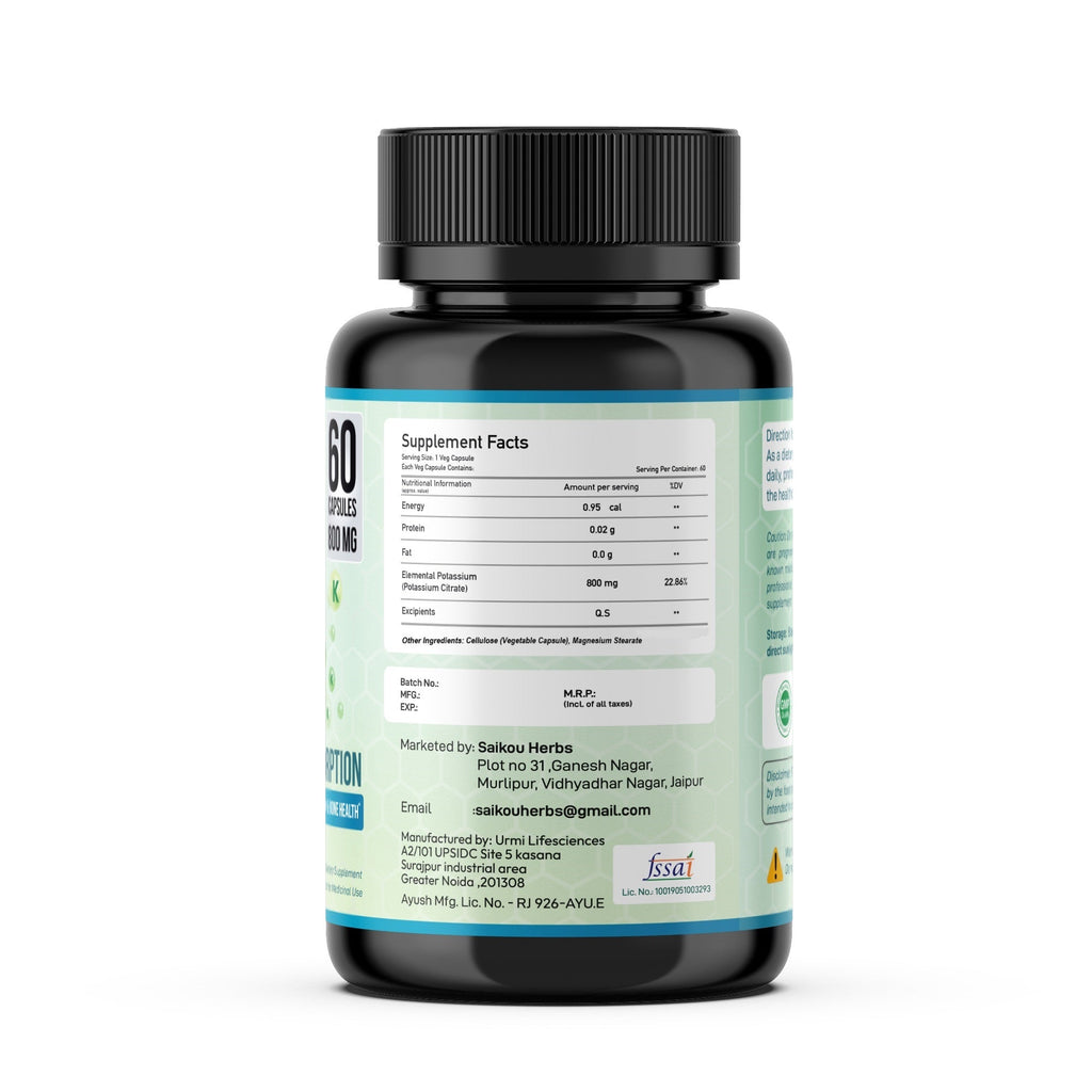 Potassium Citrate 800 mg High Absorption Potassium Supplement - 60 Servings Supports Electrolyte Balance, Kidney and Bone Health