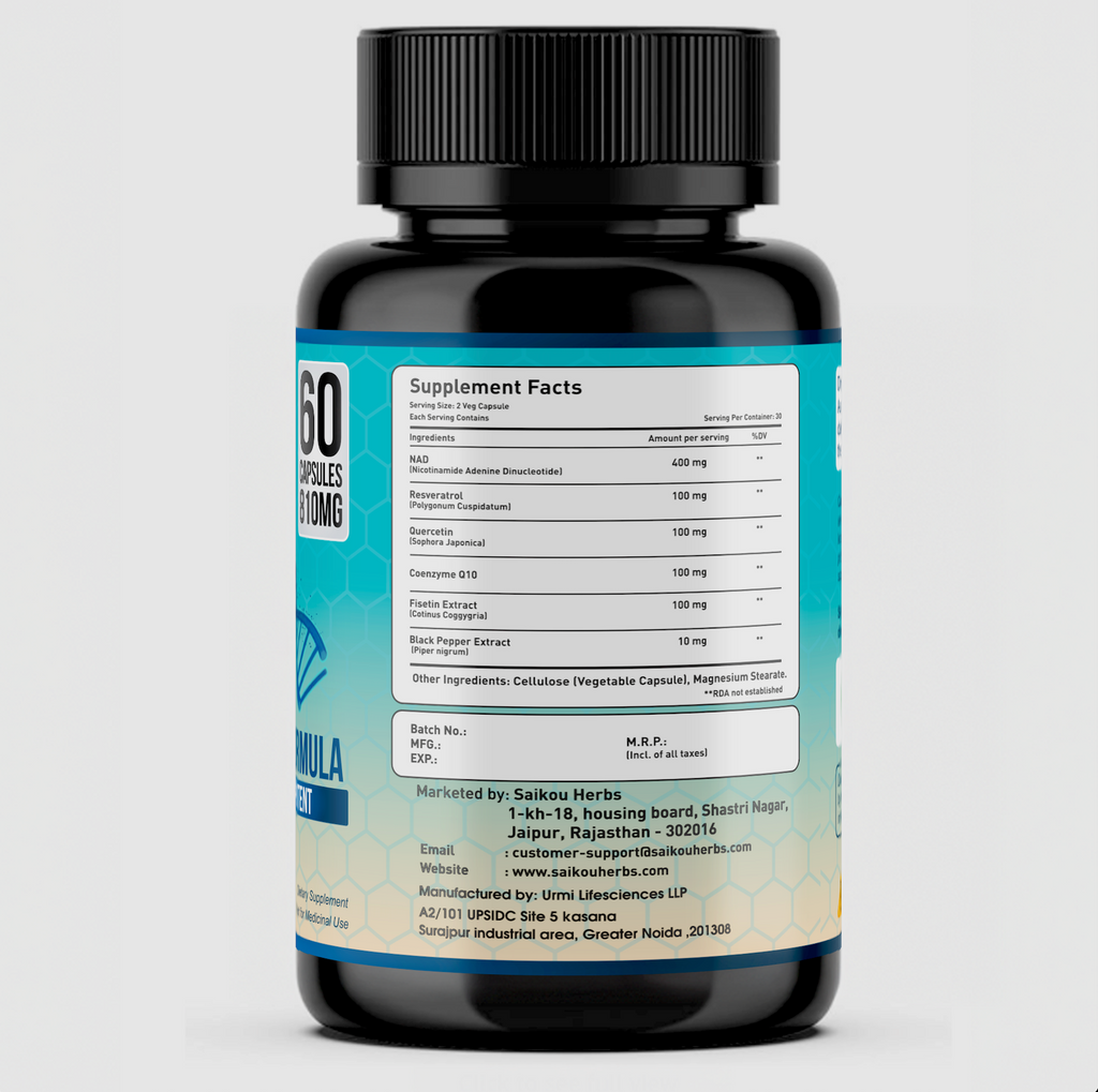 NAD+ Supplement 810mg with Nicotinamide Adenine Dinucleotide, Resveratrol, Quercetin, Coenzyme Q10, Fisetin and Black Pepper - Healthy Aging - High Absorption - 60 Capsules