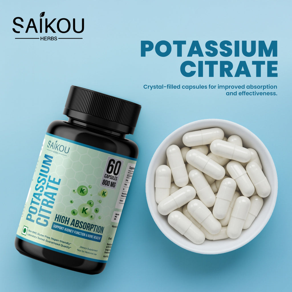 Potassium Citrate 800 mg High Absorption Potassium Supplement - 60 Servings Supports Electrolyte Balance, Kidney and Bone Health